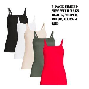 No Boundaries Ribbed Stretchy Cami Thin Strap Scoop Neck 5 Pc Tank Top Bundle